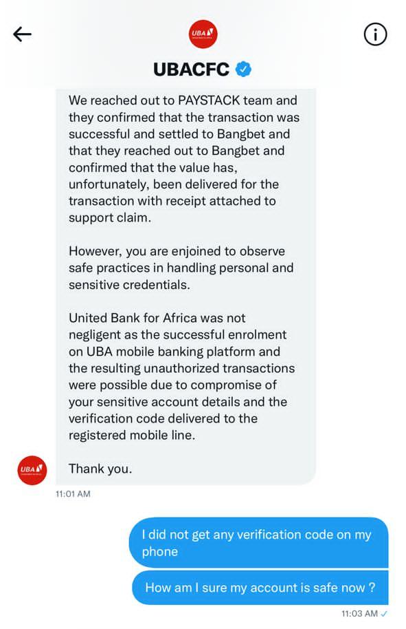 Chat with UBA  customer care on Twitter.