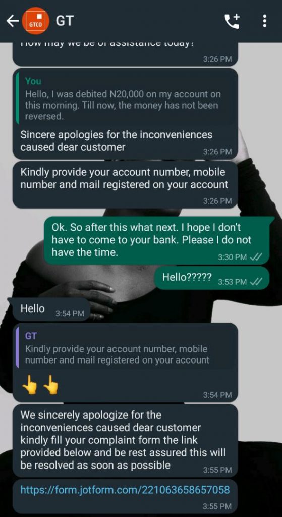 Whatsapp chat with the imposter GTBank customer care agent.