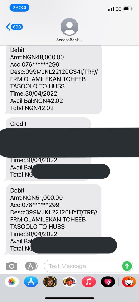Debit alert of the transfer made to the POS operator