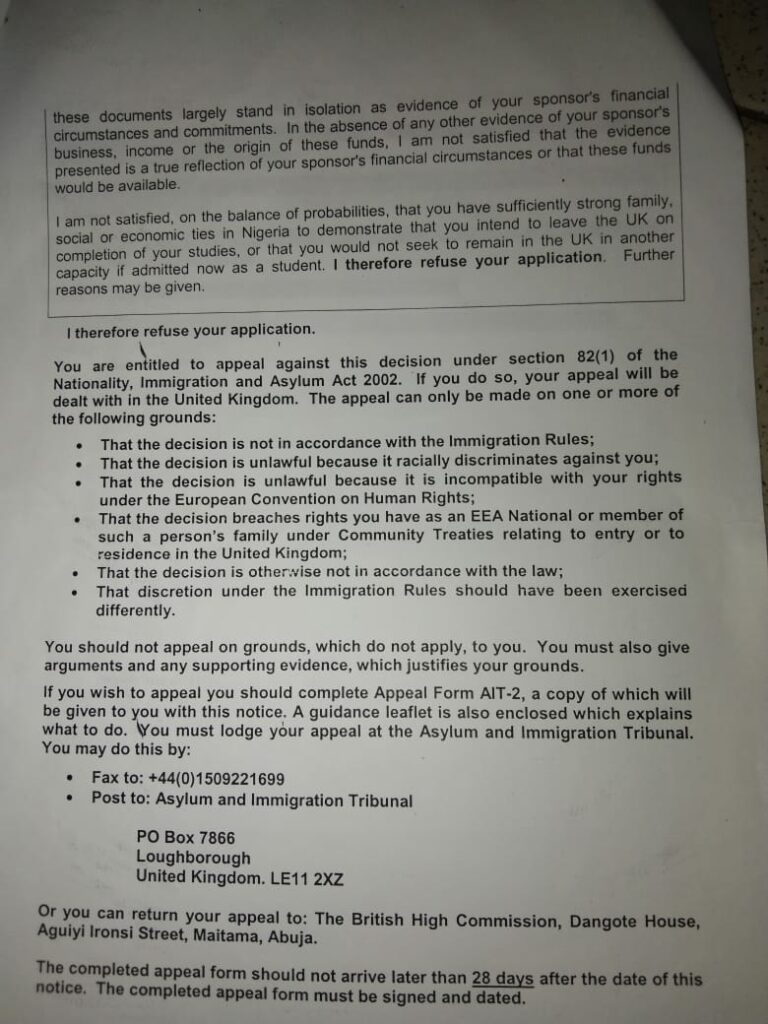 Visa denial notification from the high commission