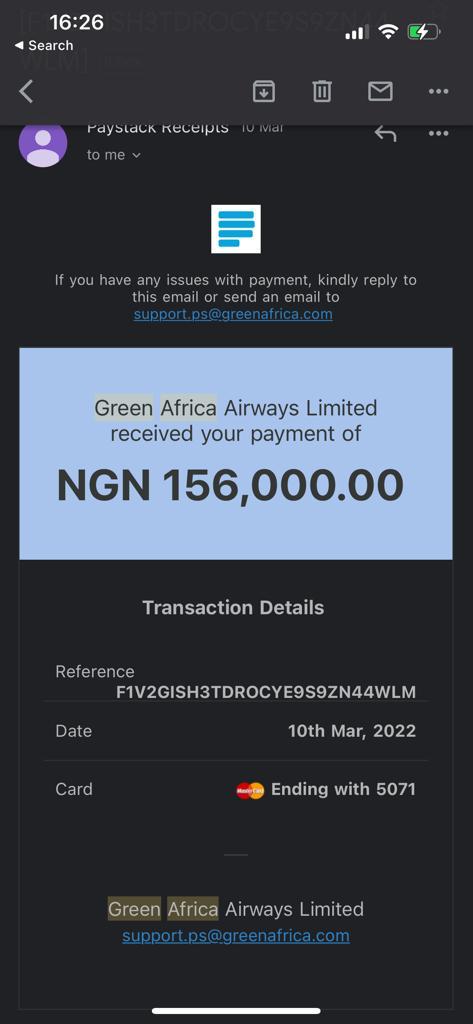 Receipt of payment to Green Africa Airways