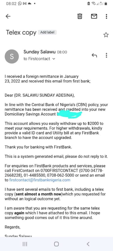 Salawu's correspondence with First Bank
