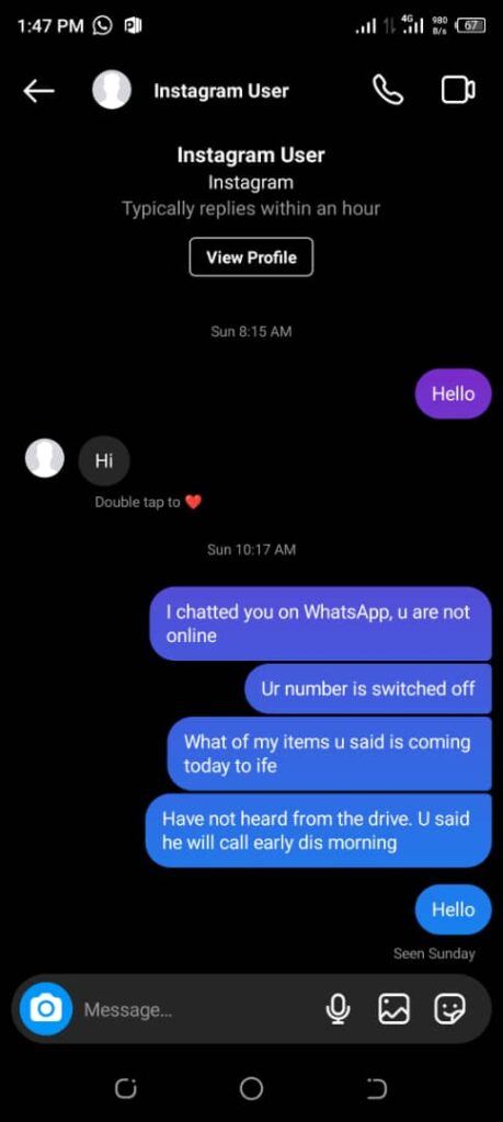 Nwonu's chat with the vendor before she was blocked. 