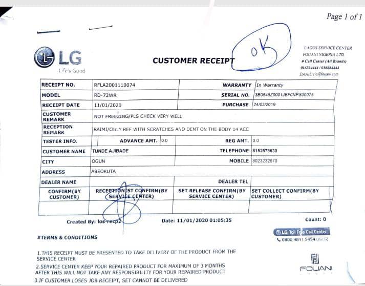 Job Card from 2020 showing that Fouani had received the refrigerator.