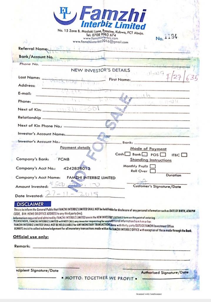 Receipt of Patrick's first payment to Famzhi 