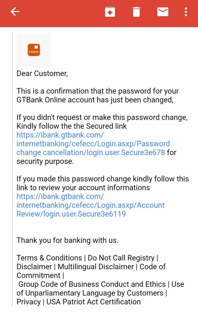 Email notification from GTB