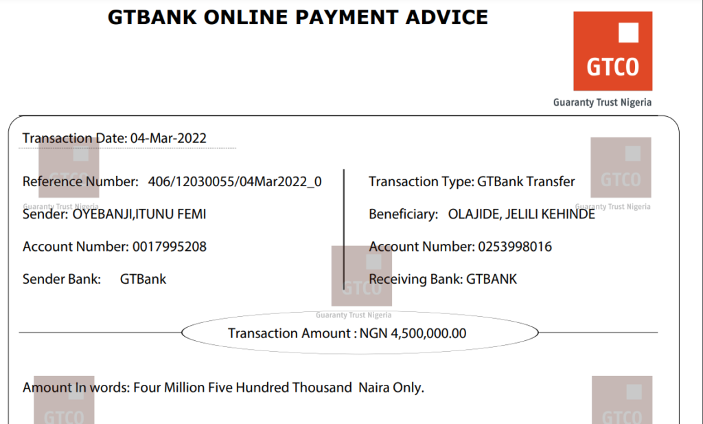 Receipt of Oyebanji's payment