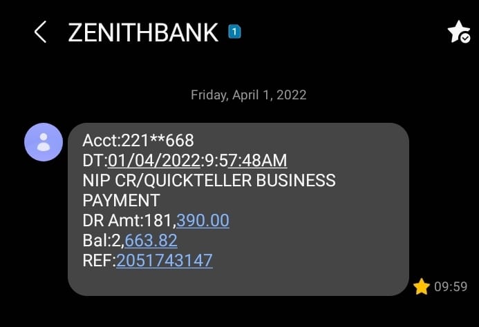 Proof of debit from Zenith Bank