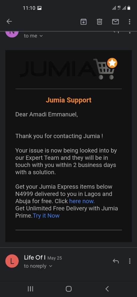 Email from Jumia Support