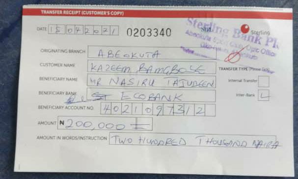 Bamgbose's receipt of payment to Tajudeen