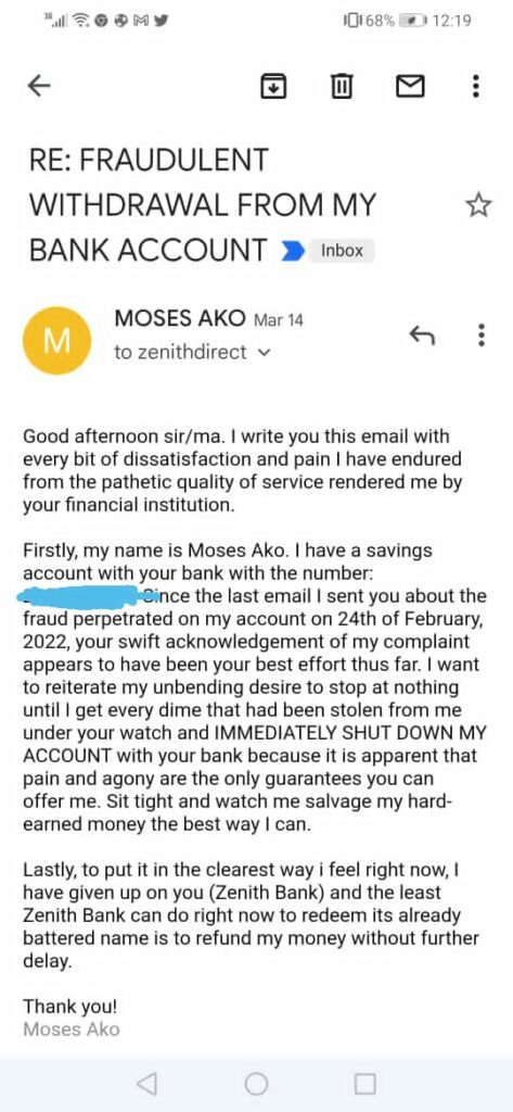 Moses Akor's email to Zenith Bank