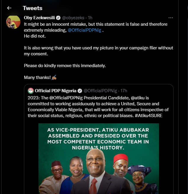 Ezekwesili quoting the now-deleted PDP tweet