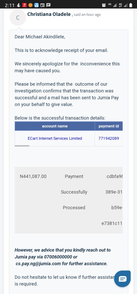 Interswitch message and receipt confirming payment 