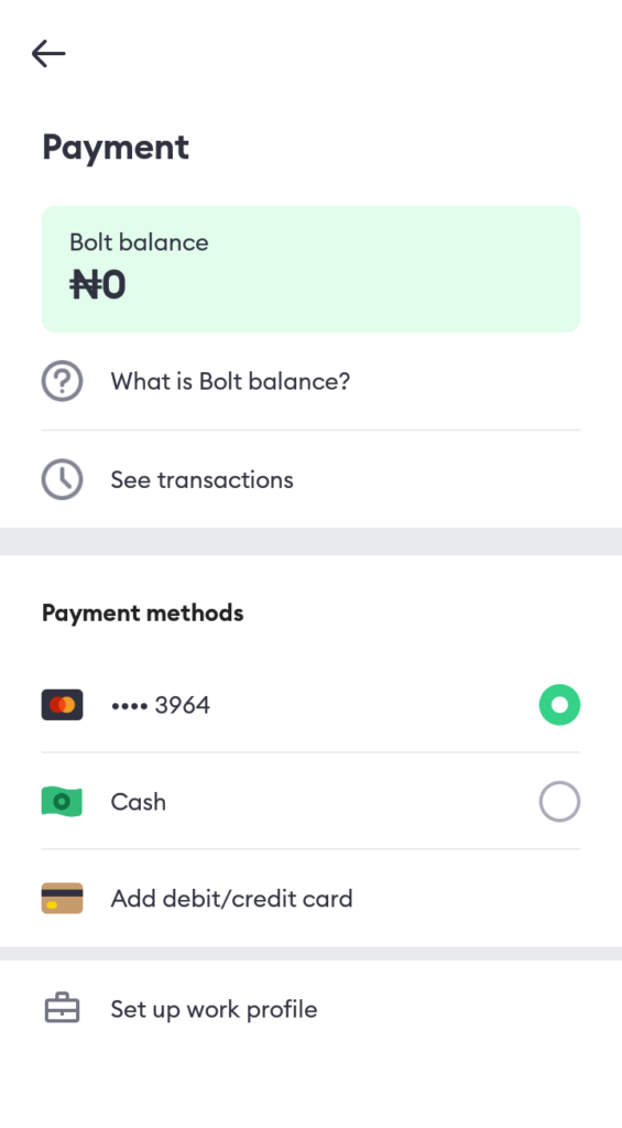 Payment options on the Bolt app