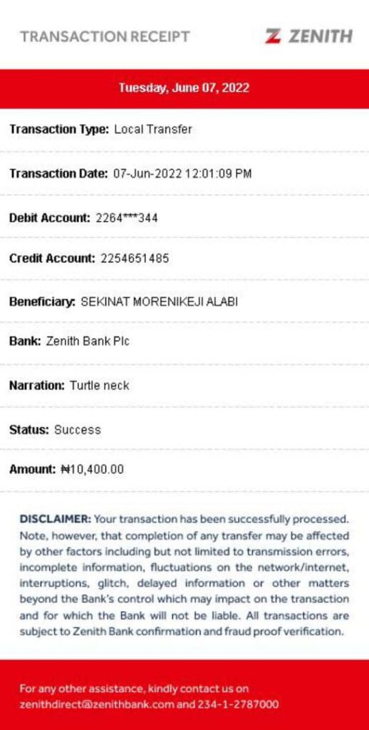 Proof of transfer of payment for turtle neck
