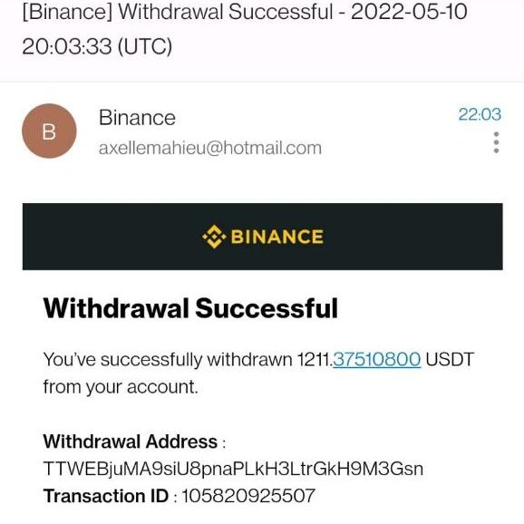 Proof of transfer from Binance