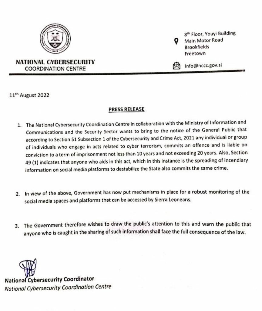 Press Release from Cybersecurity Center  Sierra Leone