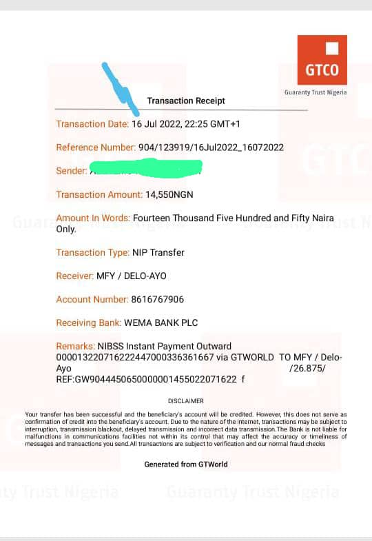 Receipt of Adeyemi's payment to Deloan