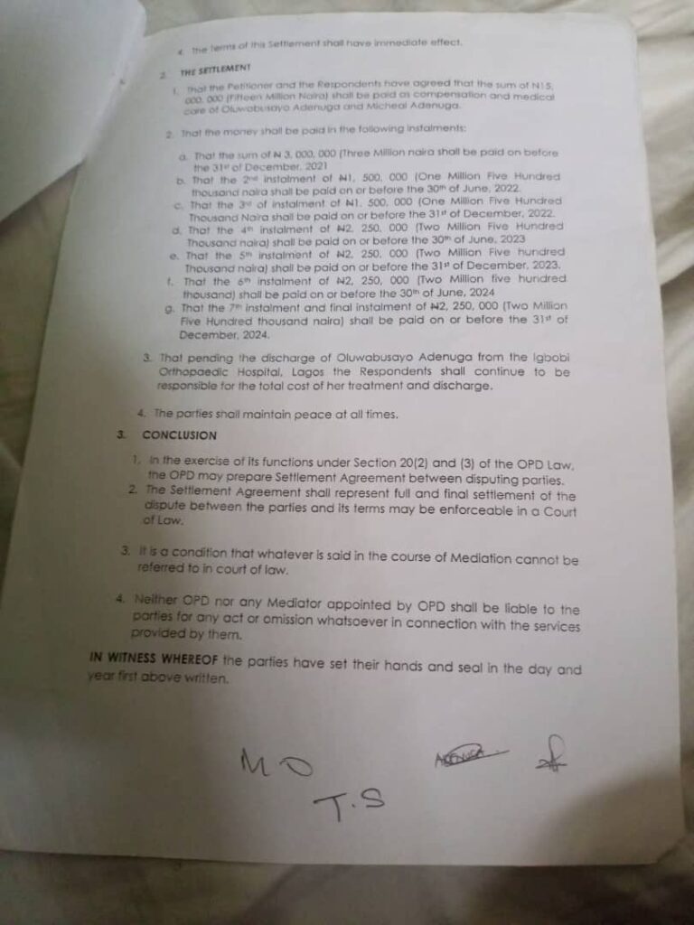 Settlement Agreement between the Adenugbas, Oluyemis and Adenugas.
