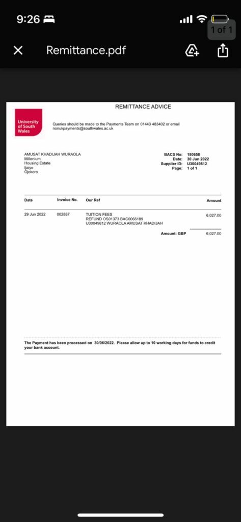 Proof of refund by South Wales
