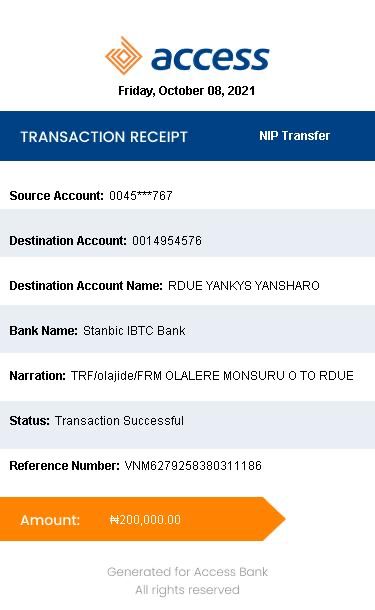 Receipt of N200,000 Payment to Yansharo