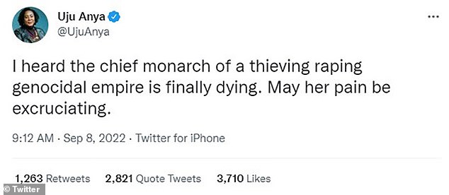 Uju Anya's tweet wishing the Queen an excruciating pain.
