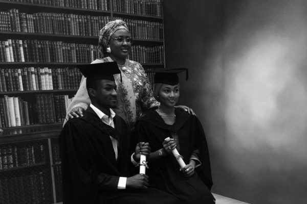 Yusuf and Zahra Buhari pose with Aisha Buhari on the occasion of graduation 