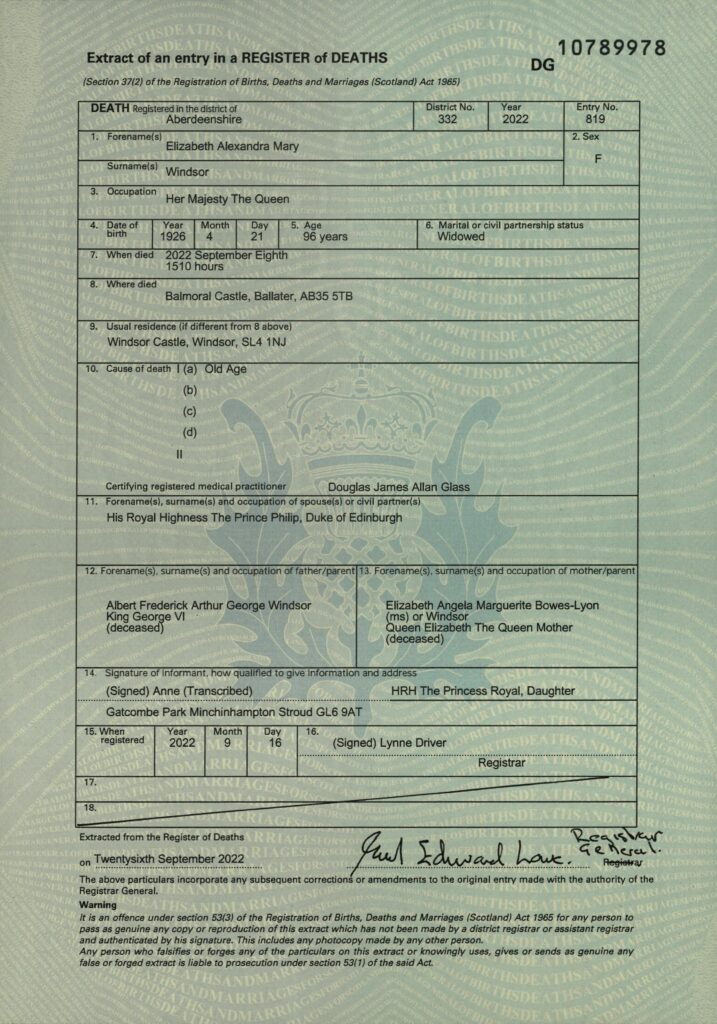 Queen Elizabeth's death certificate