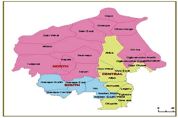 Oyo State map. Atisbo LGA can be seen in Oyo North.