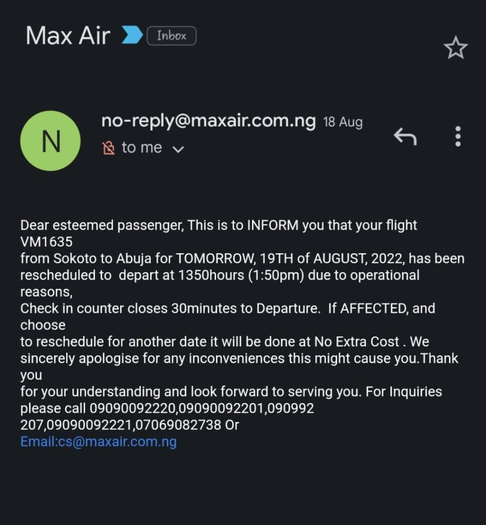 Mail announcing reschedule of flight by Max Air
