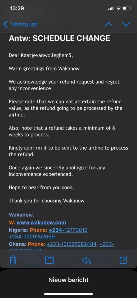 Image of the mail wherein Wakanow promised to refund the money within eight weeks.