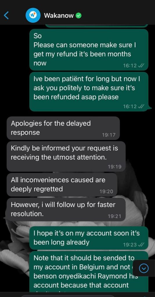 Image of the WhatsApp conversation where Wakanow promised to ensure a faster resolution.