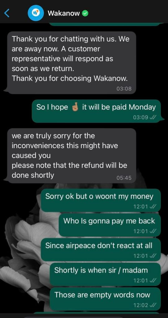 Image of the WhatsApp chats where Wakanow promised to refund the money "shorty". 