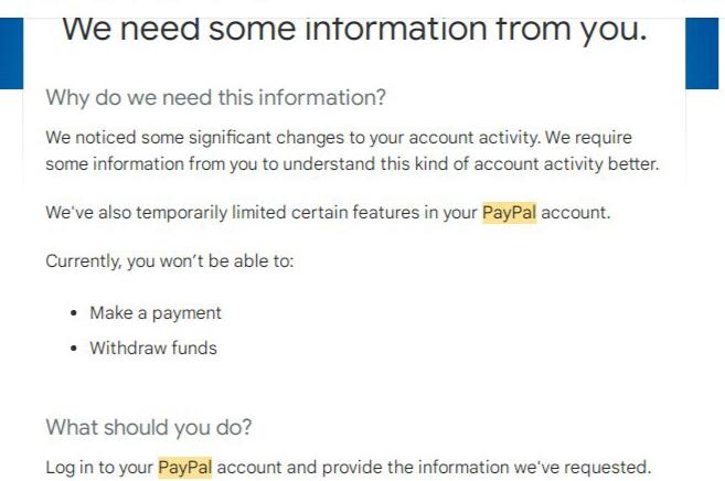A snapshot of the mail sent to Ahmed by PayPal, restricting his transactions