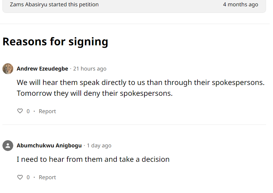 A snapshot of some of the reasons given by signatories of Abasiryu's petition on why they want a presidential debate
