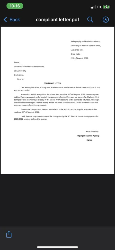 Ogunga's letter to the Bursar dated August 22, 2022. 