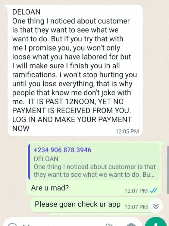 The screenshot of the threat-filled message from the agent after Adefisayo had already paid.