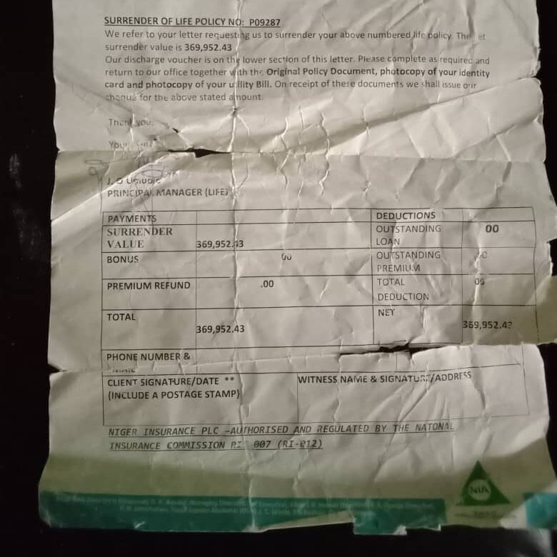 The discharge voucher from Niger Insurance