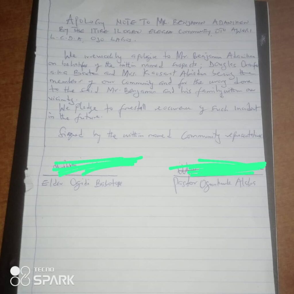 Apology note written to Benjamin Adaniken