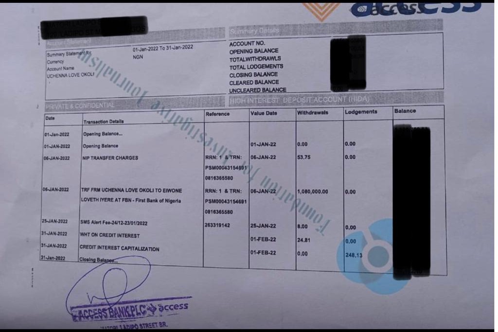 Her bank statement showing the payment she made to Eriwone.