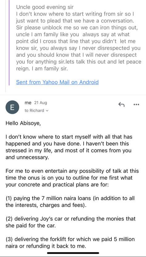 Email conversations between Akinpade and Etieyibo