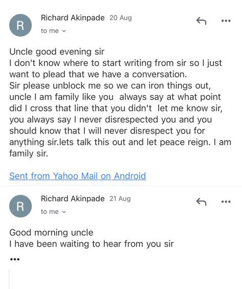 Email conversations between Akinpade and Etieyibo