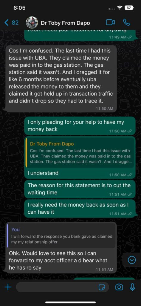 Evidence of whatsapp chat exchange between Abesin and Oluwatobi