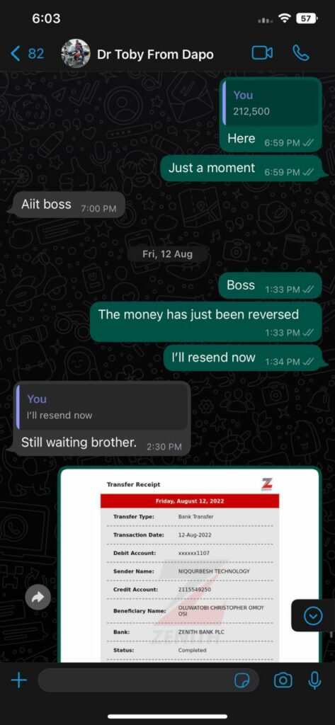 Evidence of whatsapp chat exchange between Abesin and Oluwatobi