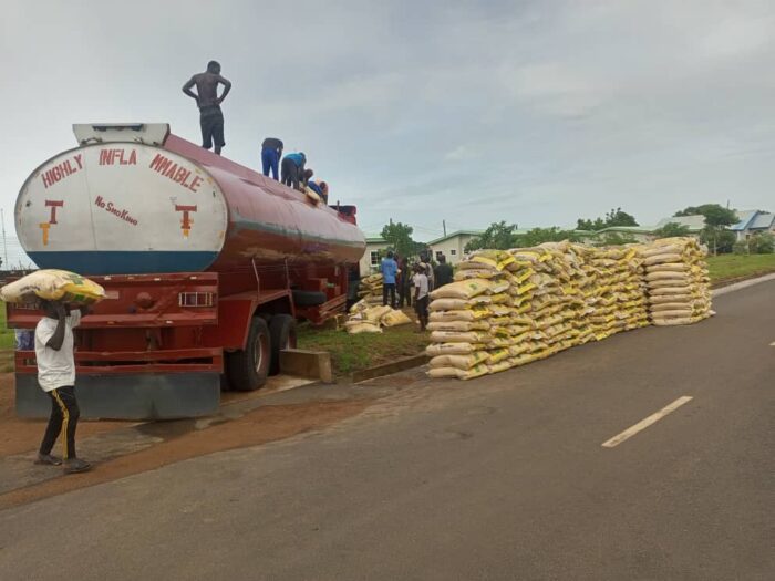 The tanker with the bags of rice