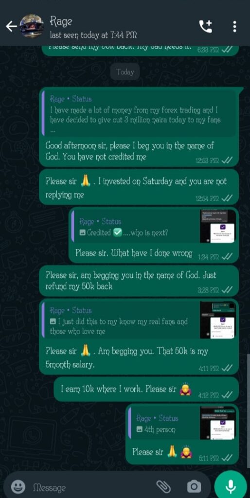 A screenshot of part of Nwonu's messages, pleading for a refund