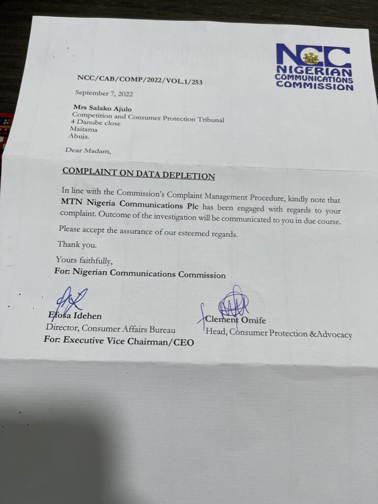NCC letter to Salako Ajulo after her complaint on Facebook