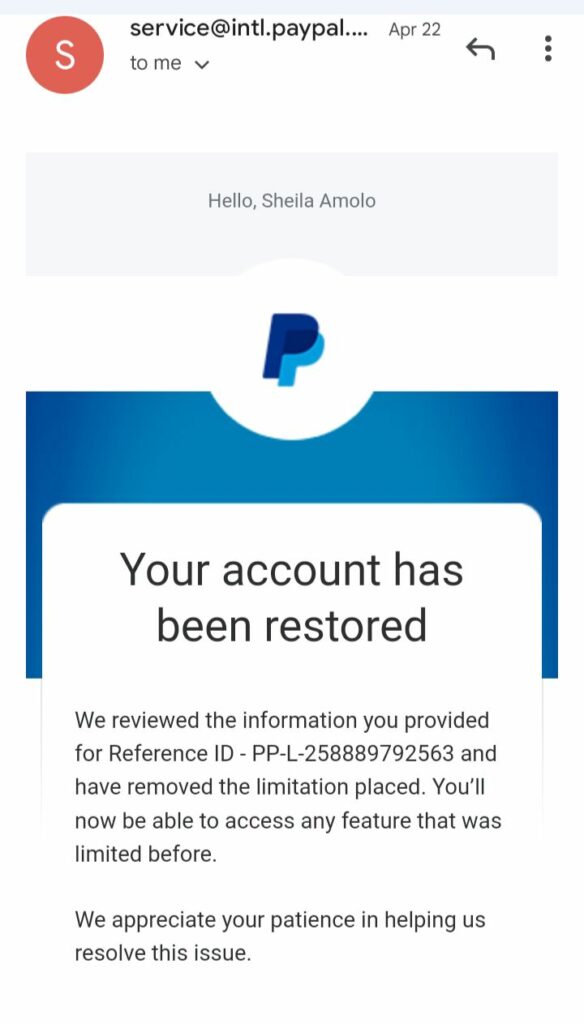 A snapshot of a mail addressed to Amolo from PayPal 'restoring her account.'