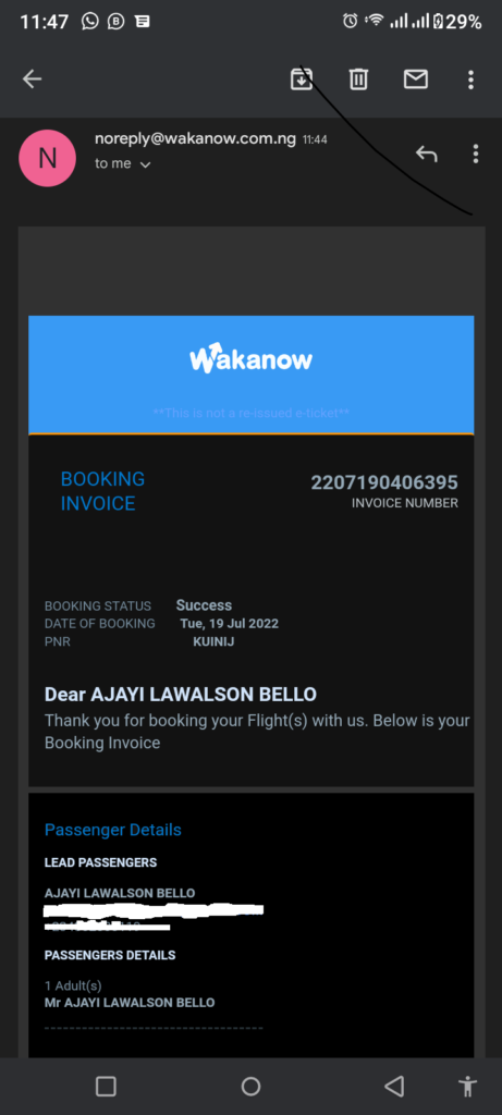 Confirmation of booking email
