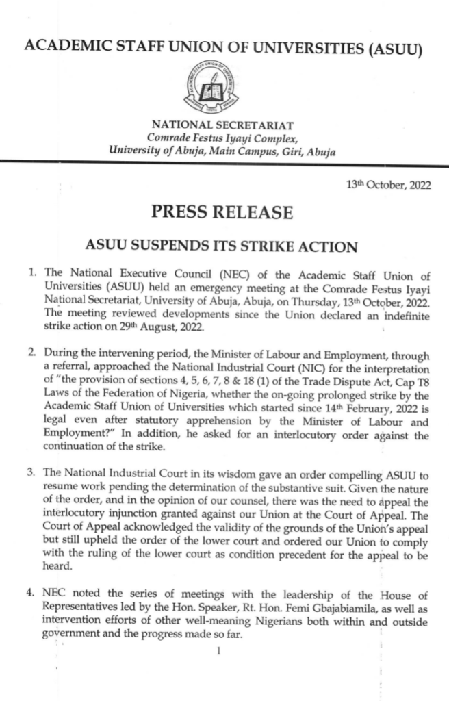 Press Release by ASUU